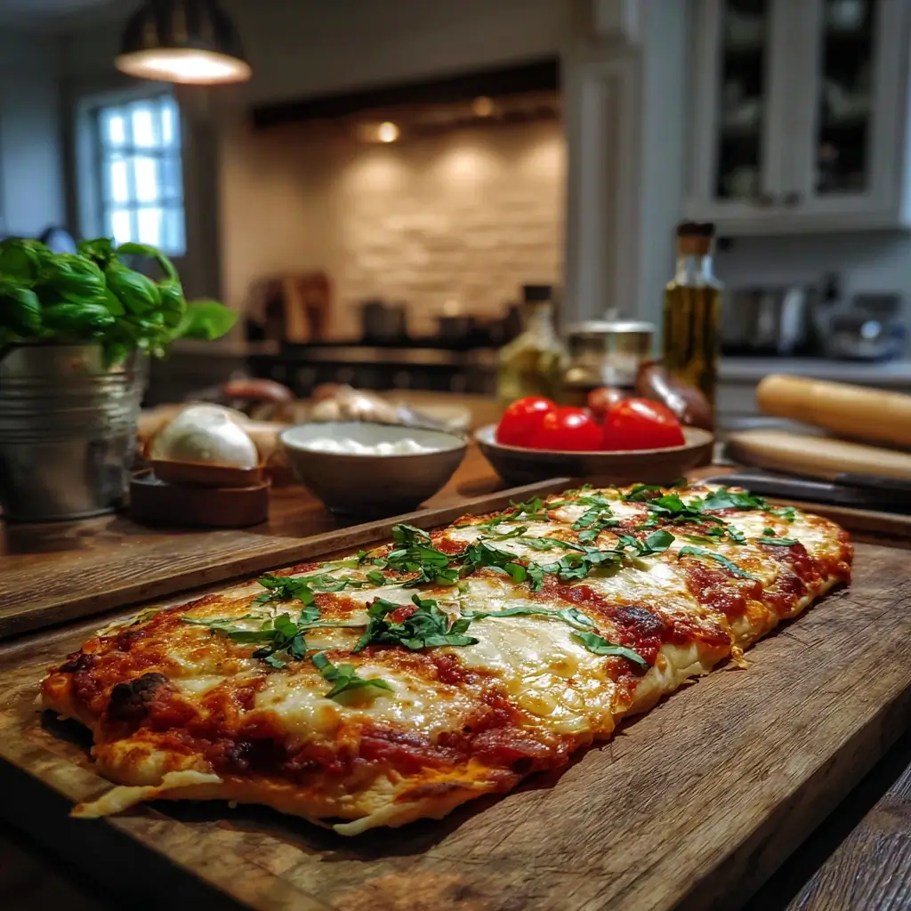 Frisch gebackene Pizza mit goldbraunem pizza teig, geschmolzenem Käse, Tomatensauce und frischem Basilikum auf einem Holzbrett in einer gemütlichen Küche.