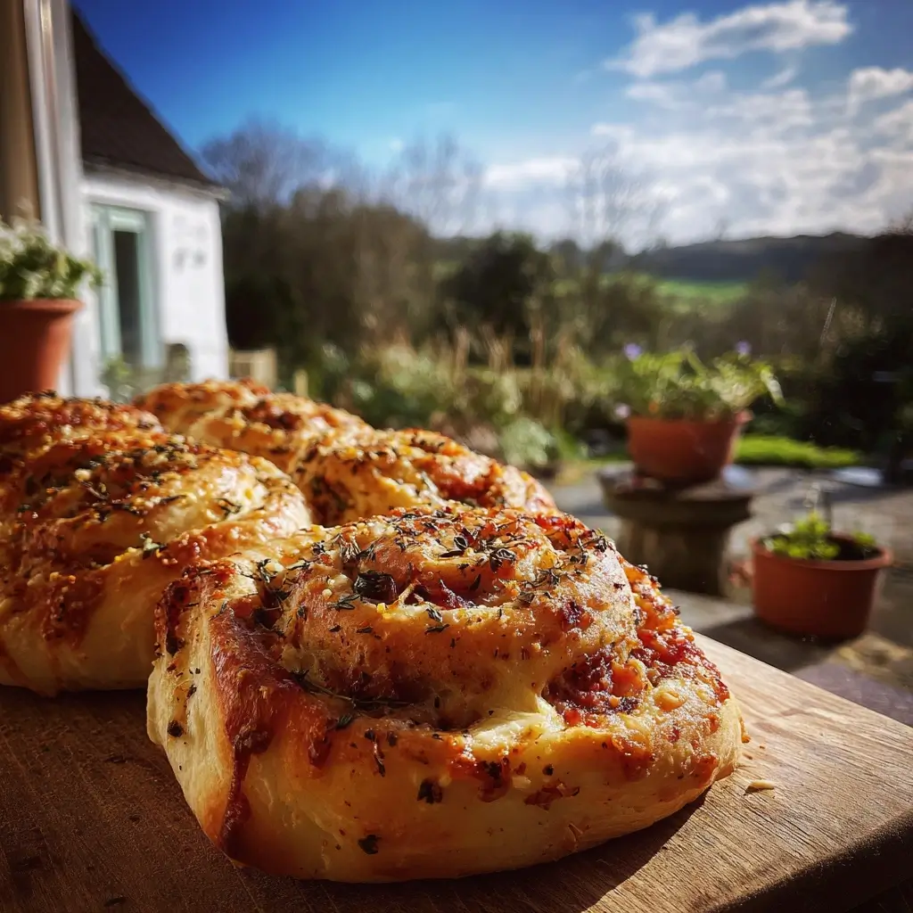 Frisch servierte Pizza Schnecken auf moderner Servierplatte mit Kräutern