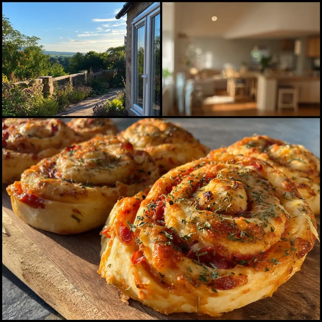 Frisch gebackene Pizza Schnecken auf Holzbrett mit geschmolzenem Käse