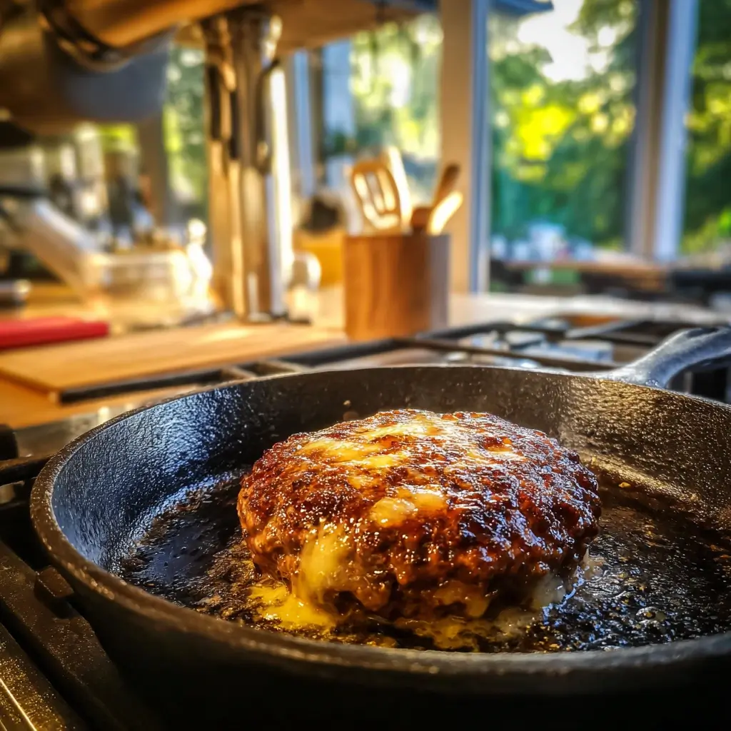 Burger Rezept Patty – saftiges Rindfleisch-Patty mit schmelzendem Cheddar in einer heißen Pfanne