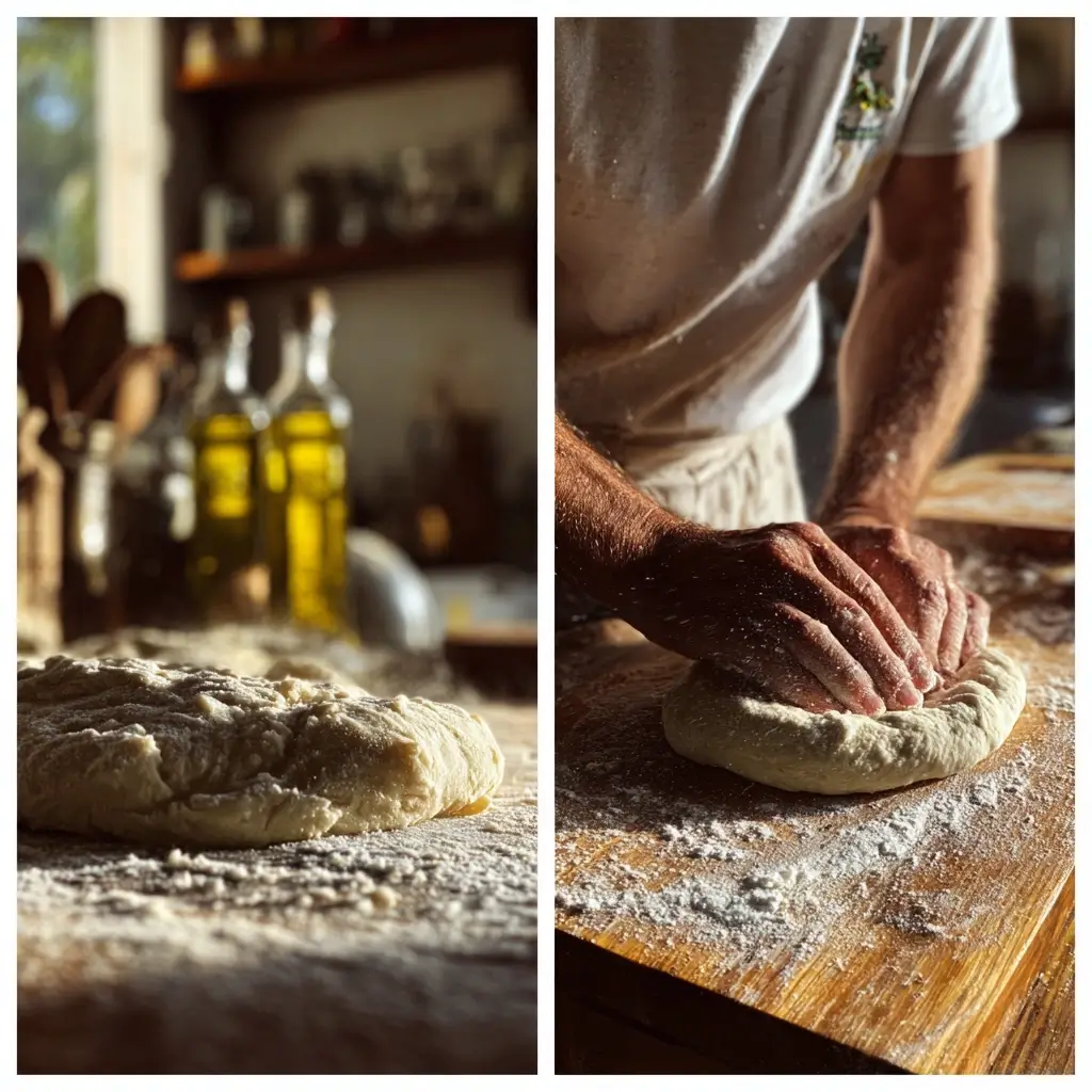 Nahaufnahme von glattem pizza teig, der auf einer bemehlten Holzfläche geknetet wird, mit Nudelholz und Olivenöl im Hintergrund.