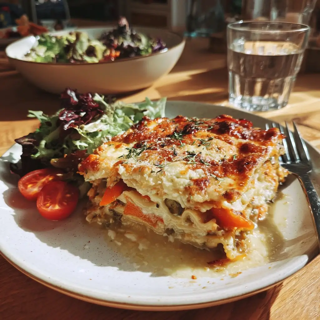 Vegetarische lasagne rezept im weißen Auflaufform mit goldbrauner Käsekruste und frischem Basilikum in einer sonnigen Familienküche.