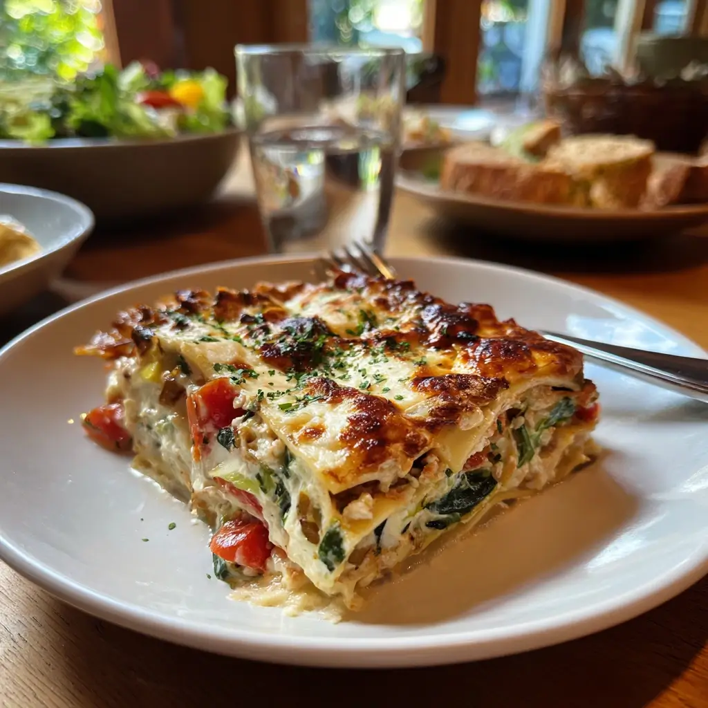 Ein Stück vegetarische lasagne rezept auf einem weißen Teller, sichtbar geschichtete Gemüse- und Käsefüllung.
