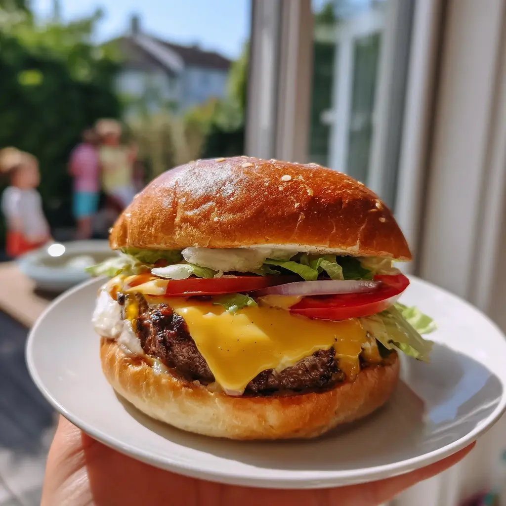 Burger Rezept – frisch zusammengestellter Homemade Burger mit Käse, Tomaten, Zwiebeln und Salat auf einem weißen Teller