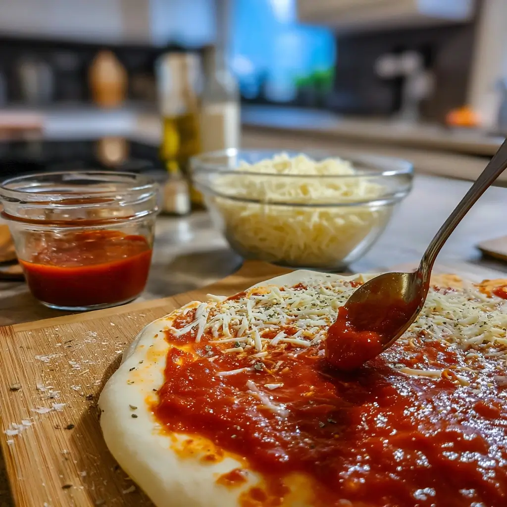 Glutenfreie pizza mit Tomatensauce, Mozzarella und Gemüse belegt
