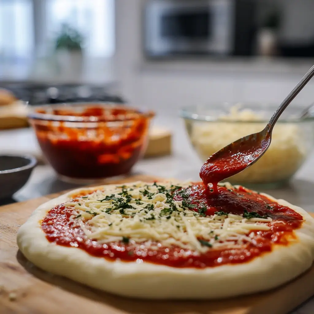 pizza capricciosa rezept Teigboden wird mit roter Tomatensauce und Löffel bestrichen in moderner Küche