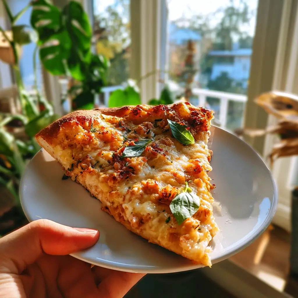Thunfisch pizza mit grünem Salat und Getränk auf hellem Esstisch