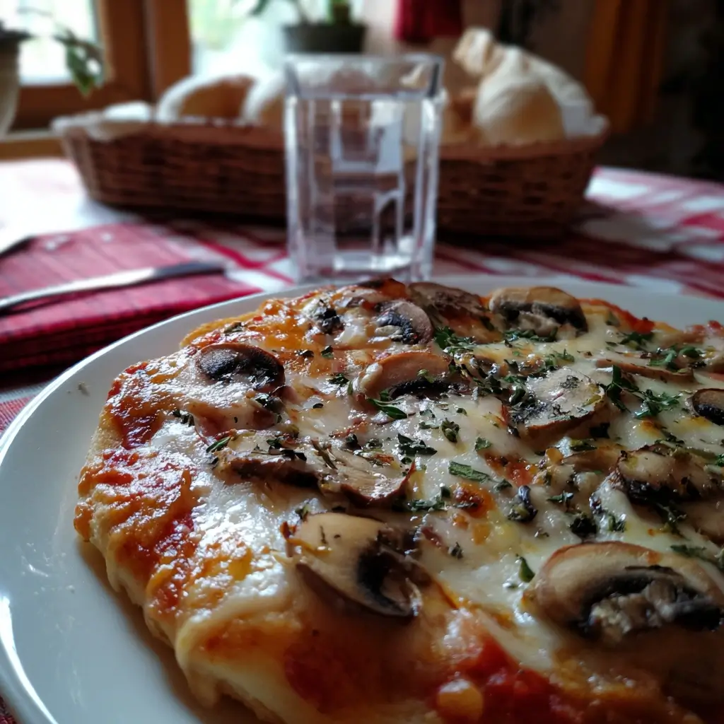Pizza belag mit frischen Champignons, Tomatensoße und Mozzarella auf goldenem Teig