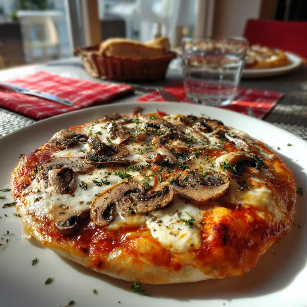 Klassischer pizza belag mit frischen Champignons, Mozzarella und Tomatensoße auf knusprigem Boden