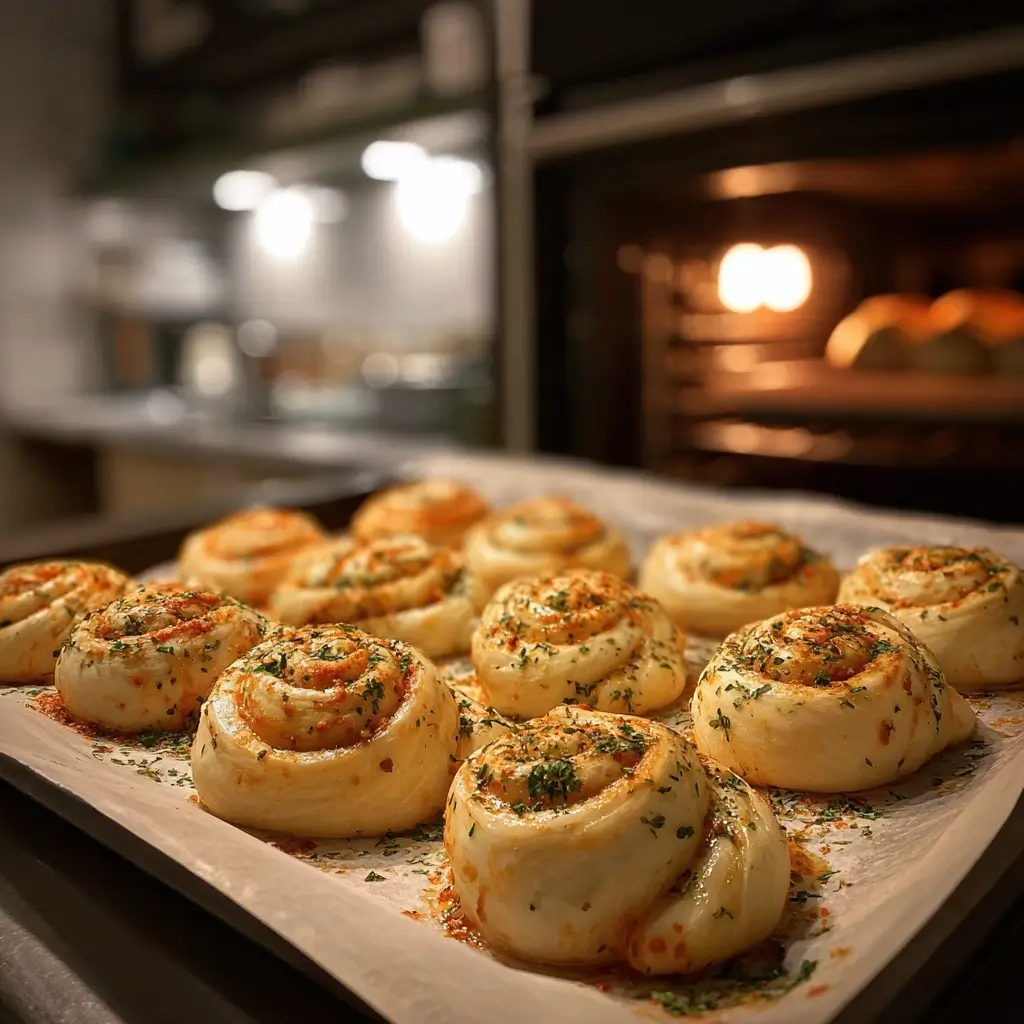 Gerollter Teig mit Käse und Salami für pizza schnecken auf Schneidebrett.