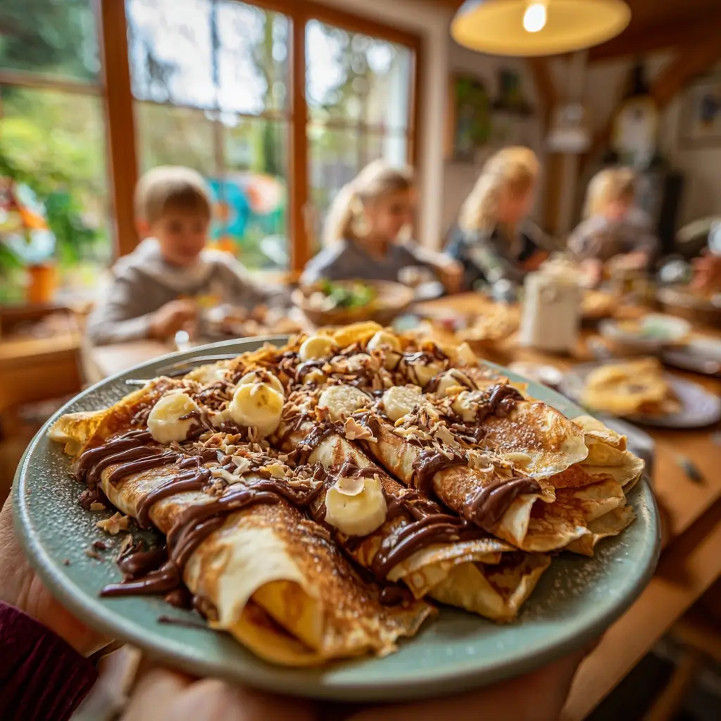 Pfannkuchen Rezept ohne Ei als kleine eingerollte Stücke mit Schokocreme und Bananenscheiben auf buntem Teller
