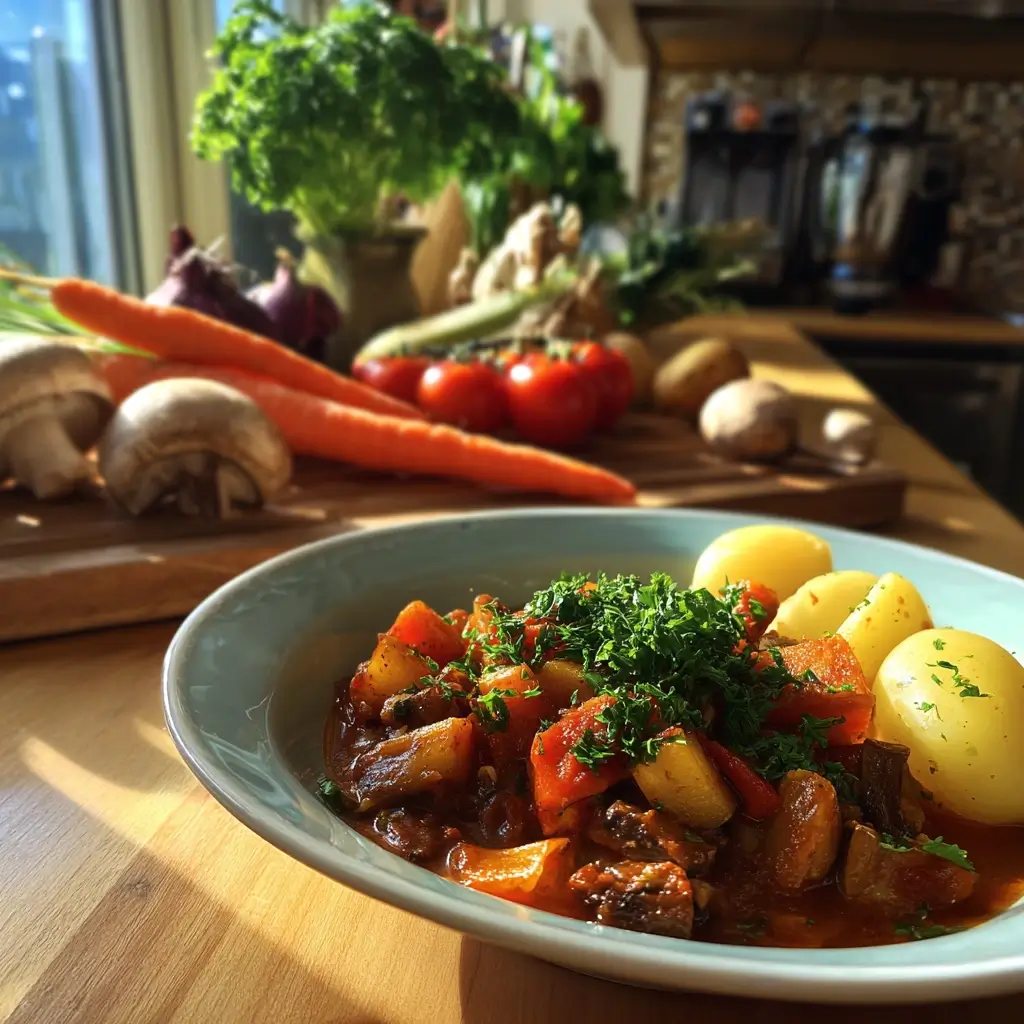 Vegetarisches Rezept Gulasch mit Pilzen, Paprika und Karotten in einer tiefen Schüssel