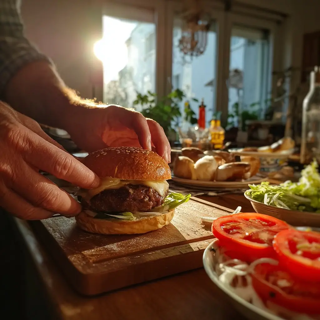Burger Rezept Profi-Tipps – Hände bauen einen Burger mit Patty, Käse, Tomaten und Salat zusammen