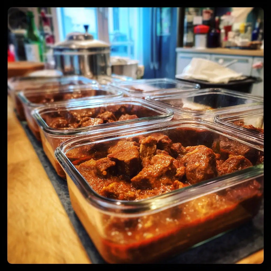 Schweine Gulasch Rezept portioniert in Glasbehältern für Meal Prep