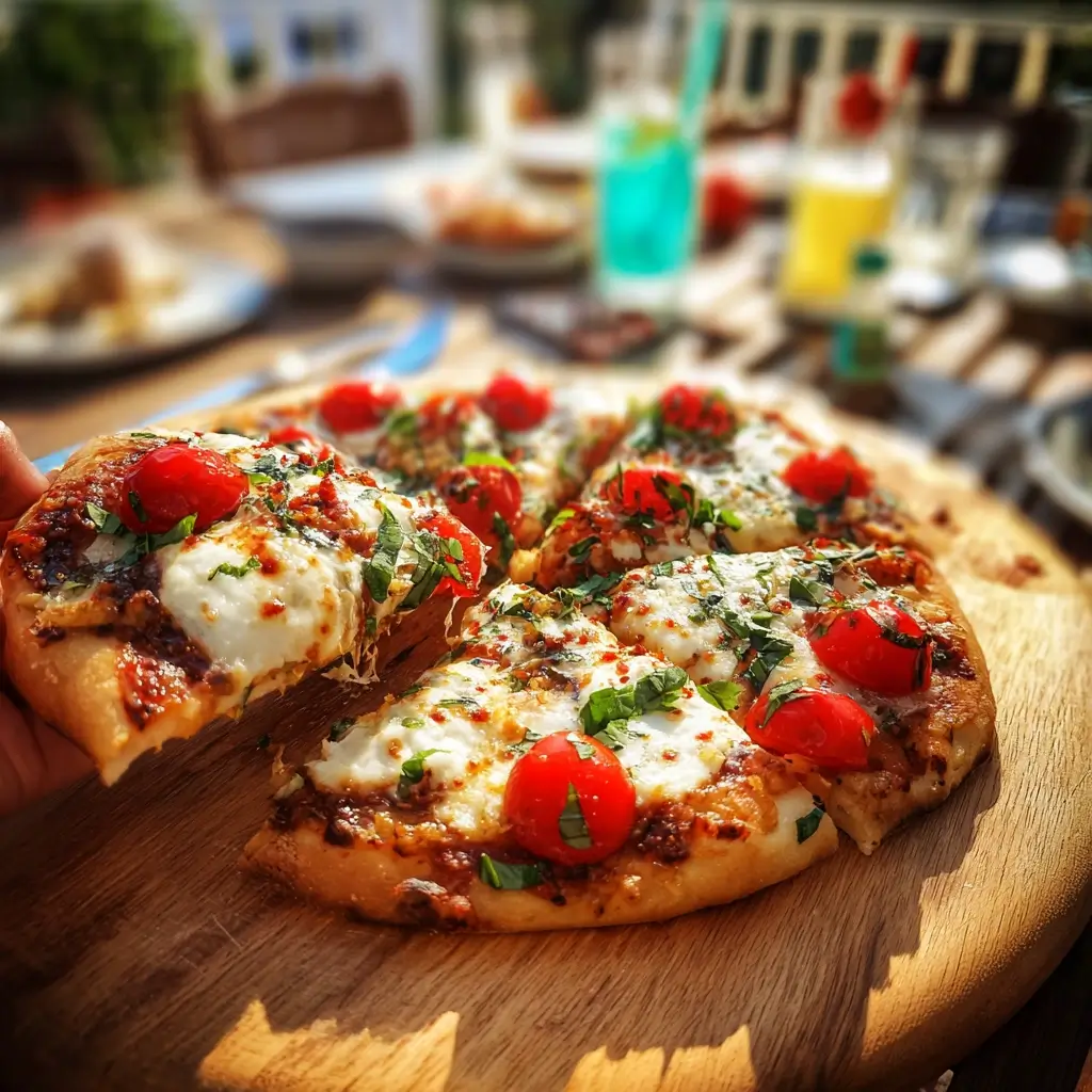 pizza teig rezept fertige pizza auf holzbrett mit basilikum und mozzarella