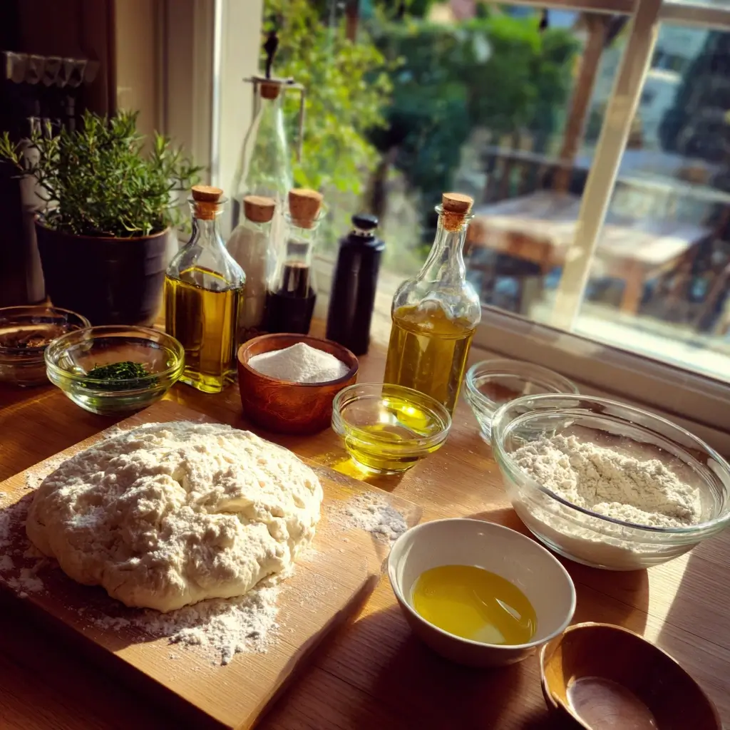 Zutaten für pizza teig – Mehl, Hefe, Wasser, Salz und Olivenöl – ordentlich auf einer Holzarbeitsplatte arrangiert.