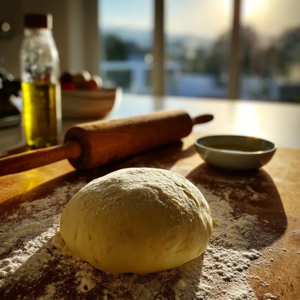 pizza teig ruht in einer Glasschüssel unter einem Tuch, neben einem sonnigen Fenster mit Kräutern im Hintergrund.