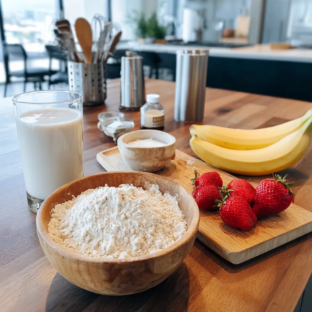 Zutaten für pfannkuchen vegan rezept – Mehl, Pflanzenmilch, Banane, Backpulver und frische Erdbeeren auf Holztisch.