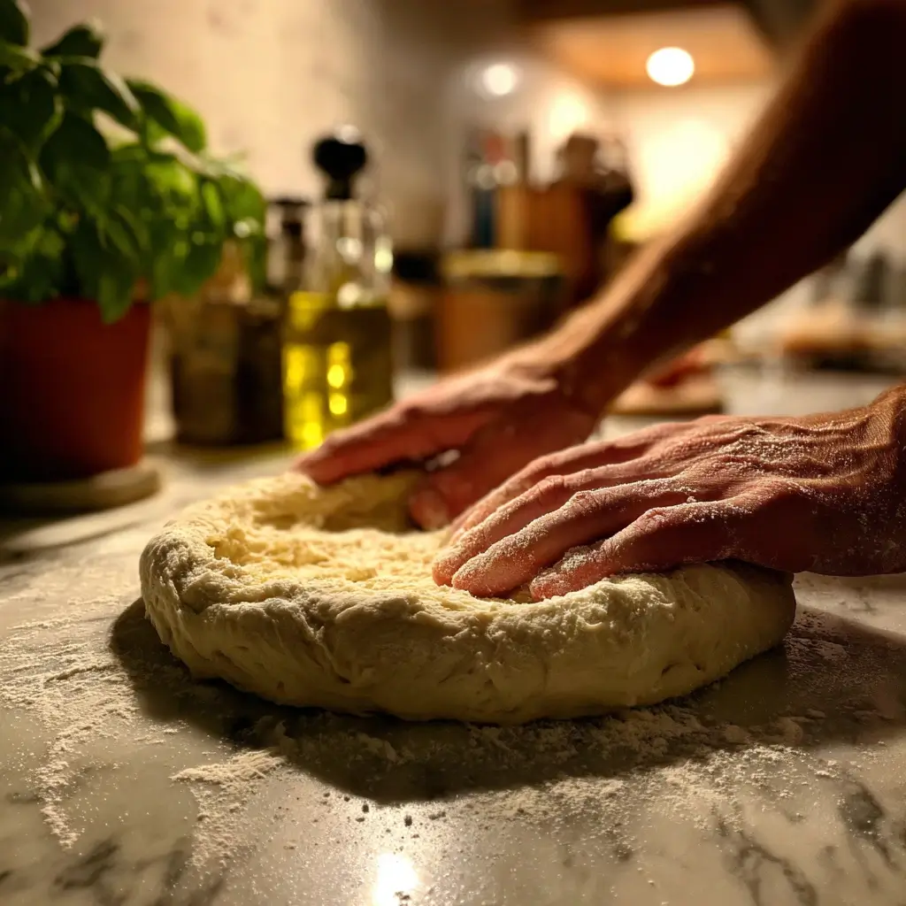Hände dehnen einen weichen sauerteig pizza Teig auf einer bemehlten Arbeitsfläche, der elastisch und luftig aussieht.