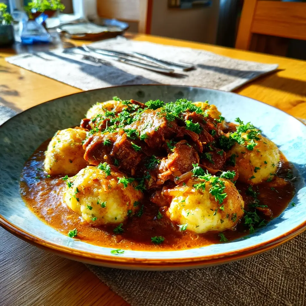 Schweine Gulasch Rezept mit Kartoffelknödeln serviert auf weißem Teller