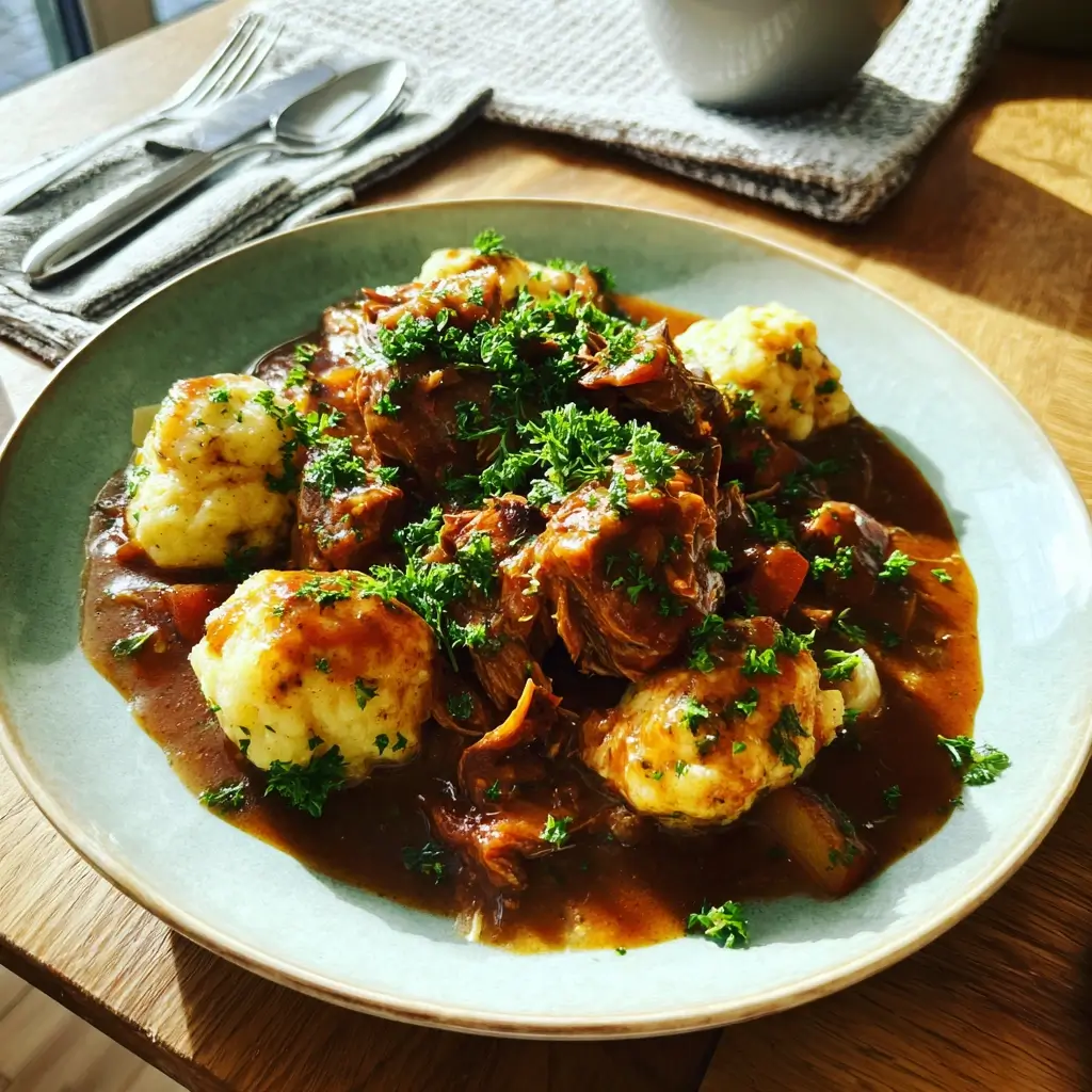 Schweine Gulasch Rezept – rustikales ungarisches Schmorgericht in gusseisernem Topf auf Holztisch