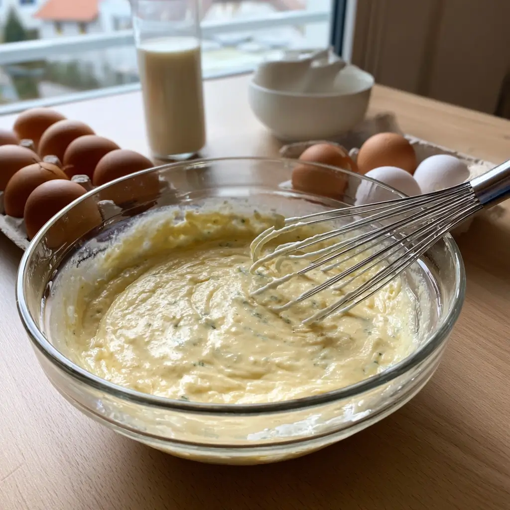 Pfannkuchenteig wird cremig gerührt – rezept pfannkuchen Schritt für Schritt