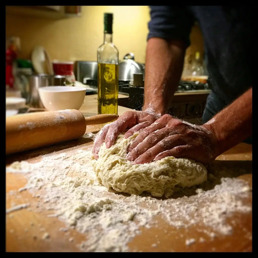 pizza teig rezept teig kneten mit händen auf bemehlter arbeitsfläche