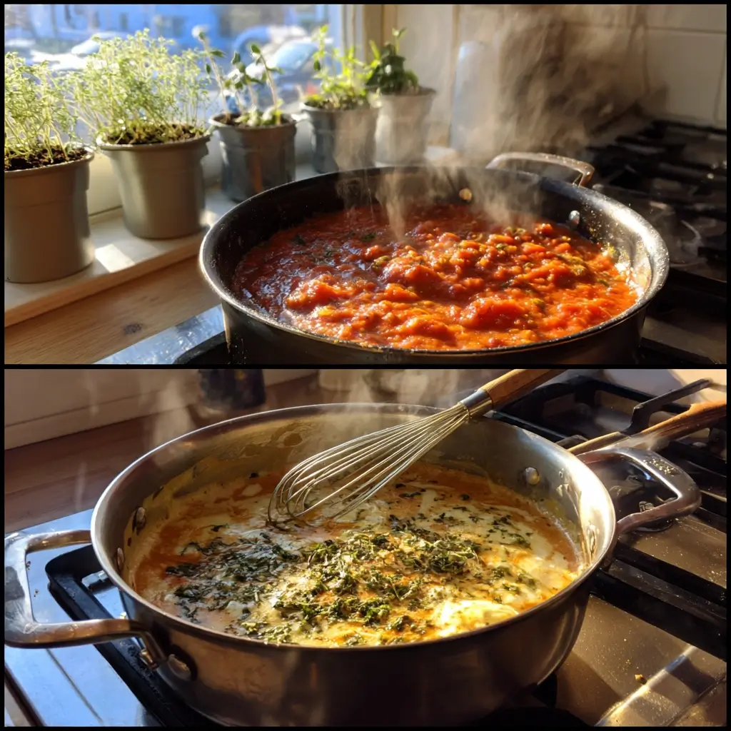 Tomatensauce und Béchamel für ein lasagne vegetarisch rezept nebeneinander gekocht
