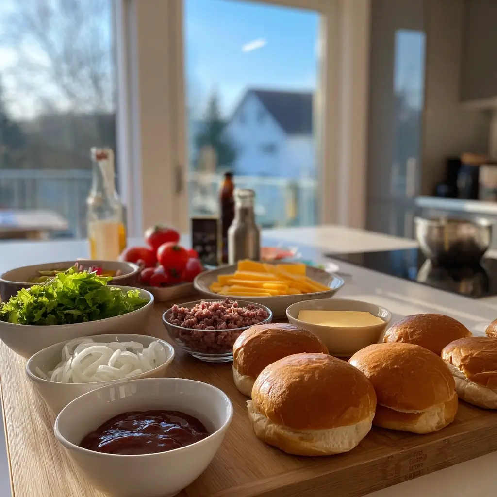 Burger Rezept Zutaten – Rinderhackfleisch, Brioche Buns, Cheddar, Tomaten, Zwiebeln und BBQ-Soße auf Küchentheke