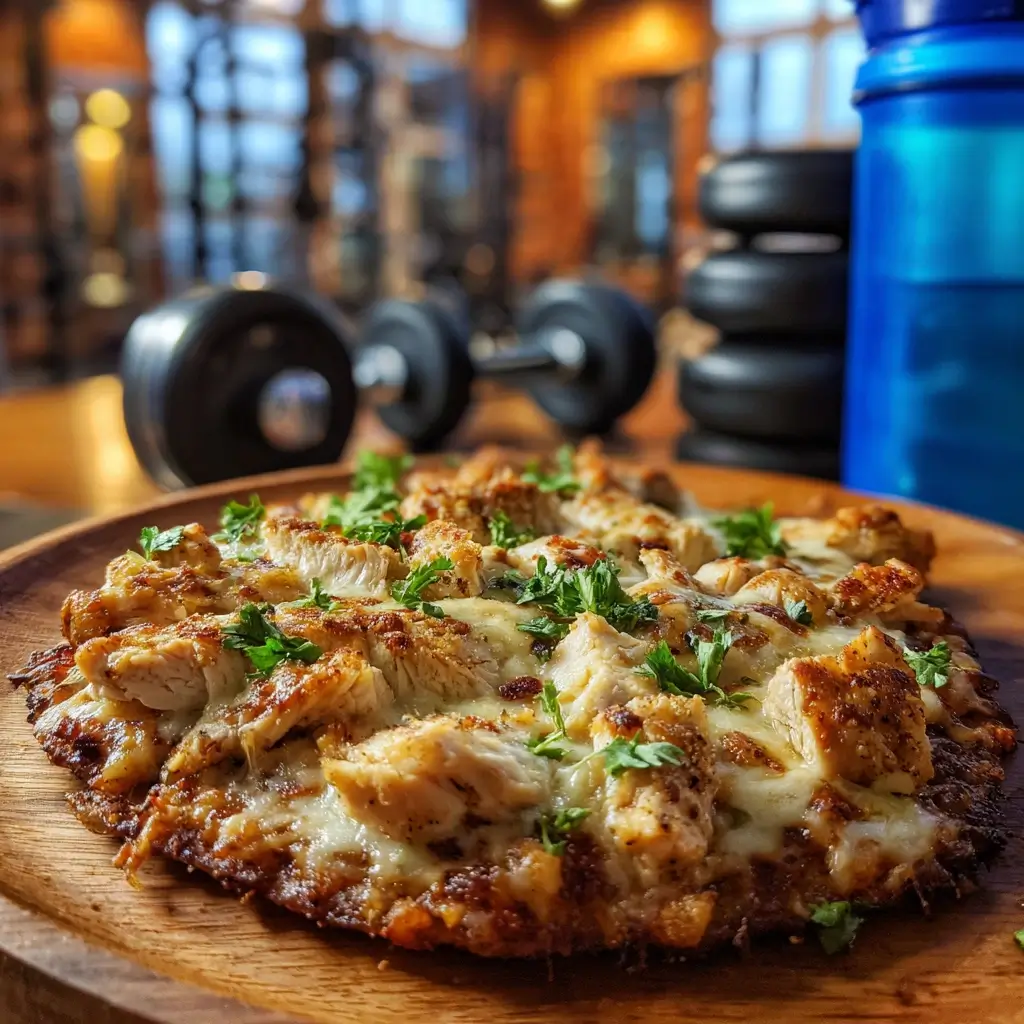Proteinreiche Low Carb Pizza mit Hähnchenbrust, Käse und Kräutern