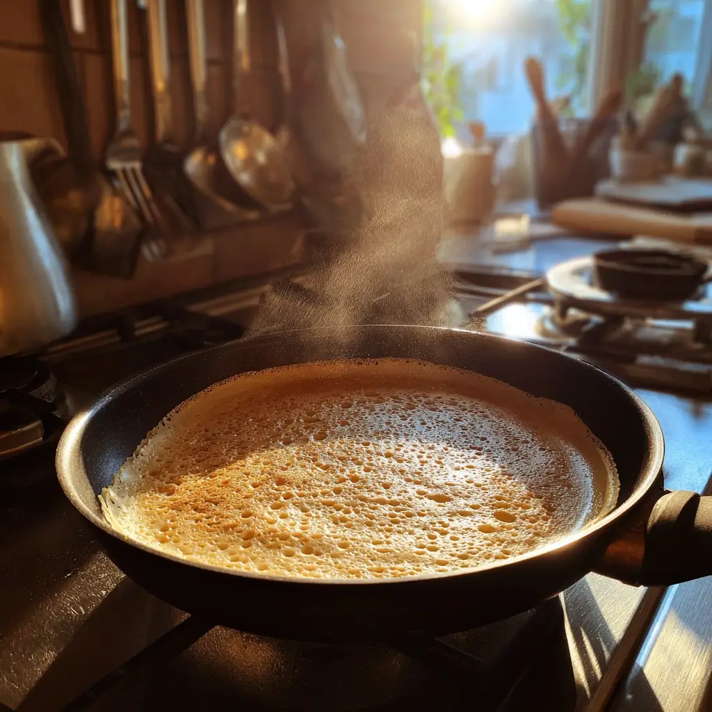 Pfannkuchenteig für pfannkuchen rezept ohne ei wird in eine heiße Pfanne gegossen