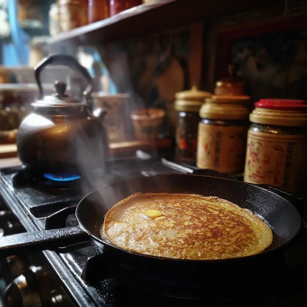 Pfannkuchen Rezept Oma – Goldener Pfannkuchen in Butter gebraten in einer gusseisernen Pfanne.
