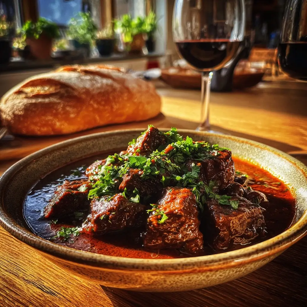 Rezept Gulasch in einer rustikalen Schüssel mit frischer Petersilie, serviert auf einem Holztisch