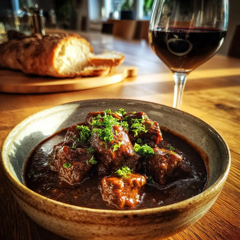 Rezept Gulasch in rustikaler Schüssel mit Petersilie, auf Holztisch serviert