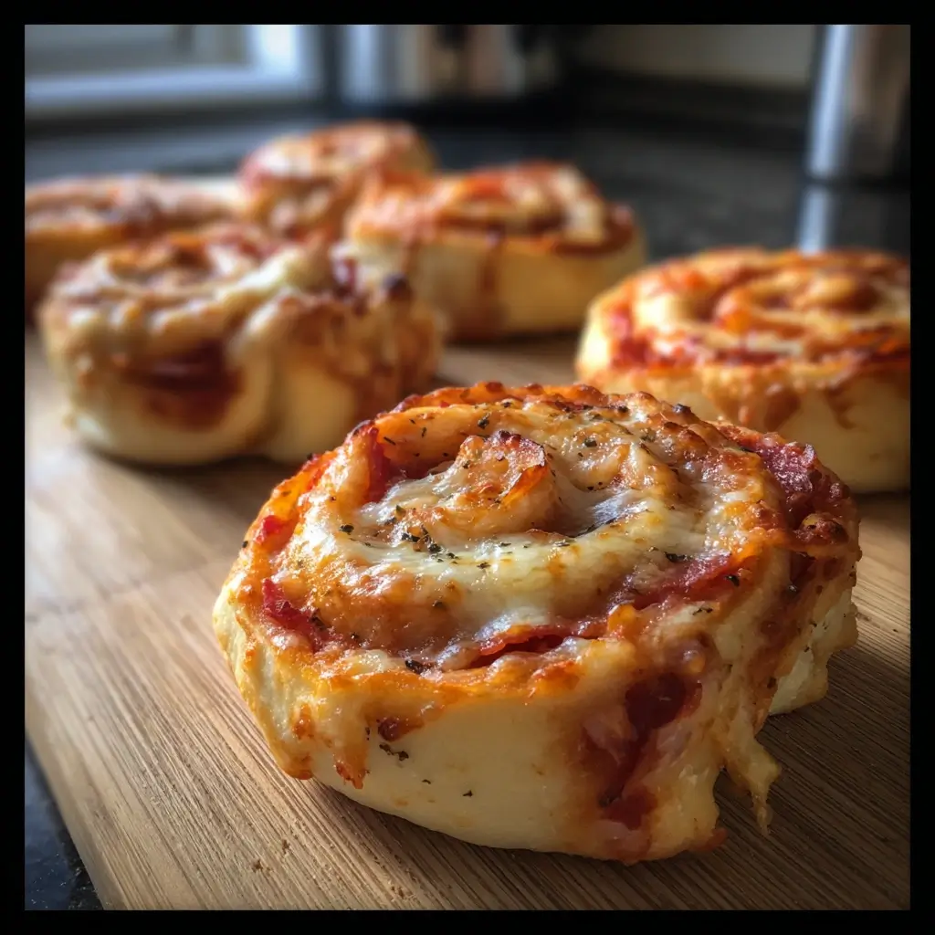 Frisch gebackene goldene pizza schnecken auf einem Holztablett mit Basilikum.