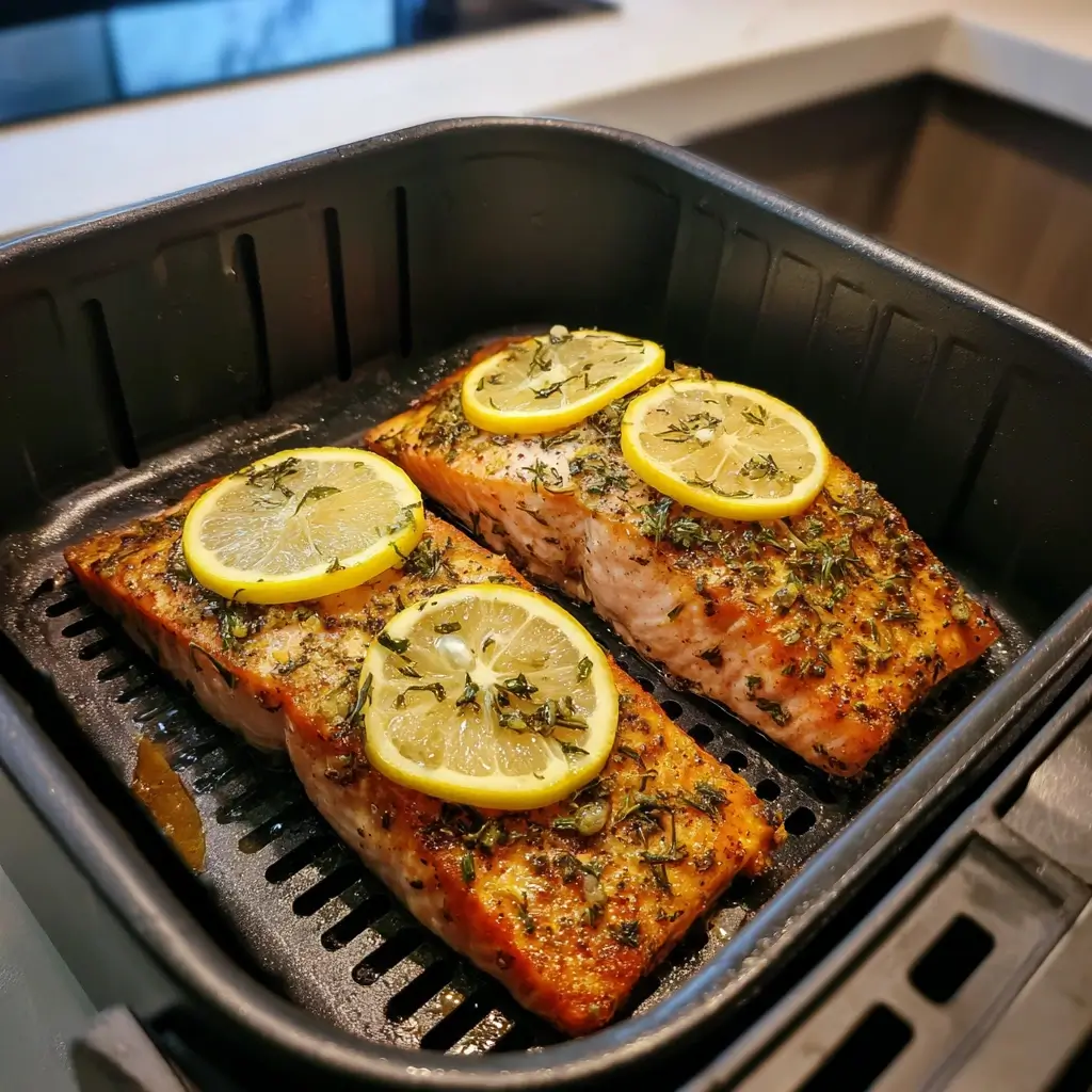 Rezepte für Airfryer Lachsfilet im Airfryer-Korb mit Zitronenscheiben und Kräutern, fertig zum Garen.