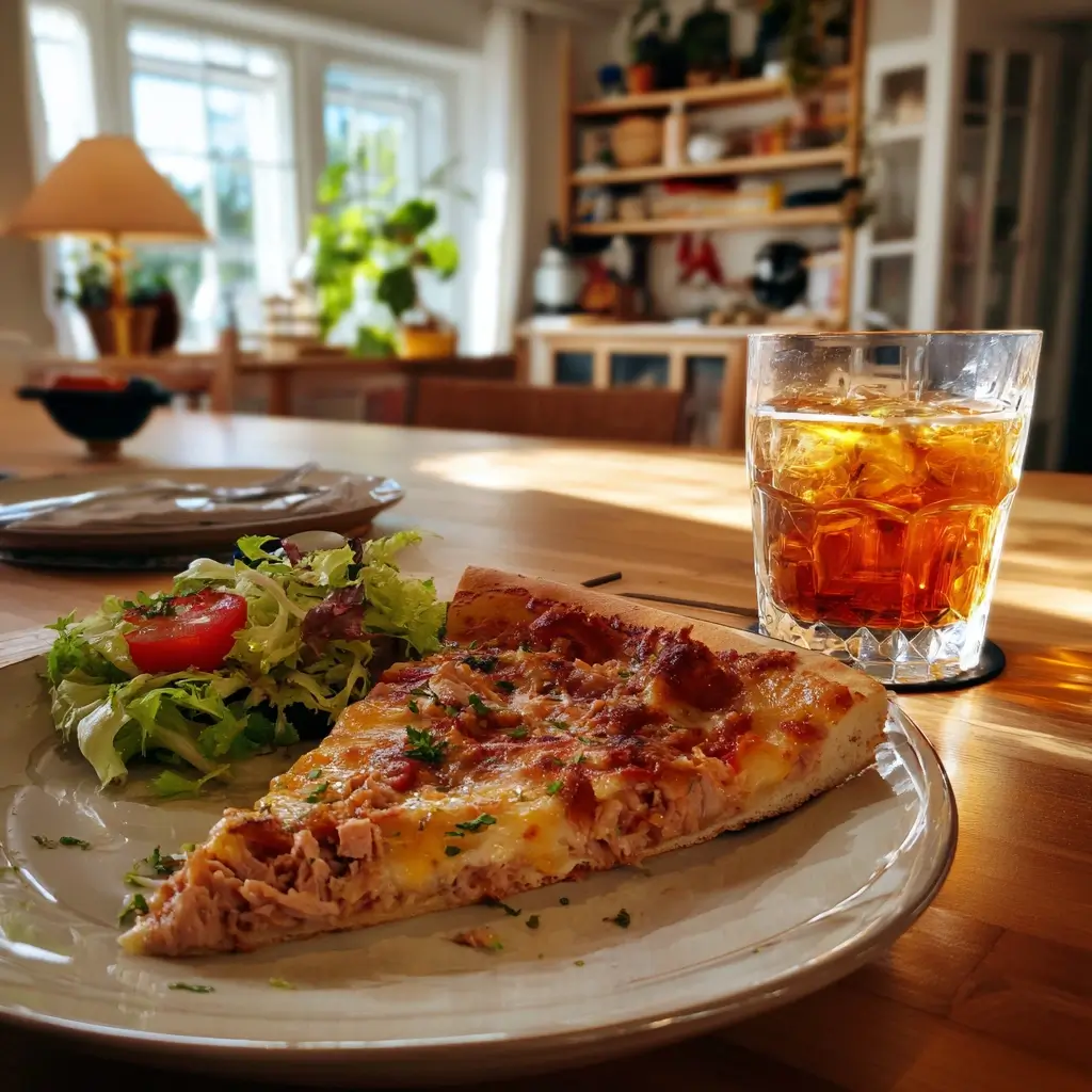 Thunfisch pizza mit frischem Salat und Getränk auf Holztisch serviert