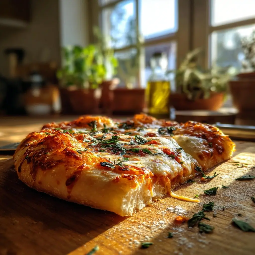Frisch gebackene Pizza mit knusprigem pizza teig, goldbraunem Rand, geschmolzenem Mozzarella und Basilikumblättern auf einem Holztisch.