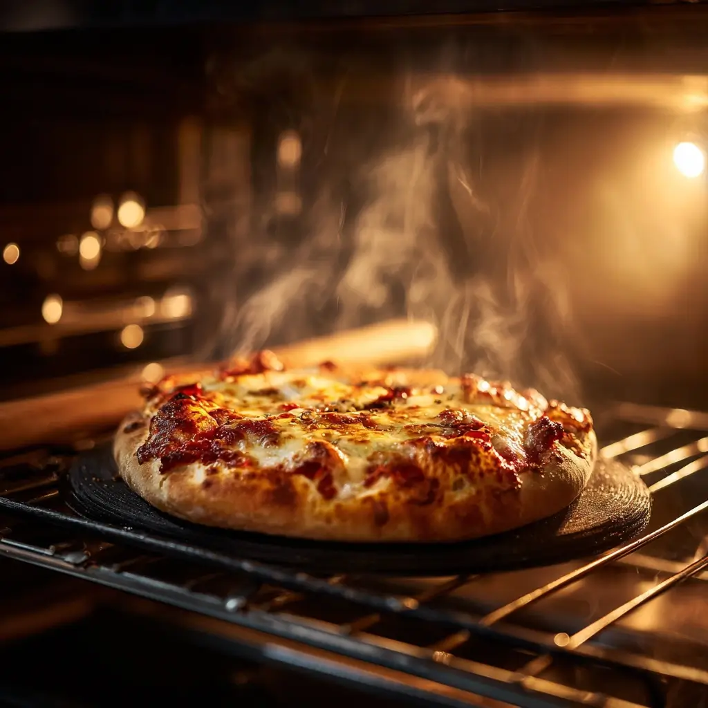 Sauerteig pizza mit Tomatensoße, Mozzarella, Kirschtomaten und frischem Basilikum vor dem Backen auf einem Holzbrett.
