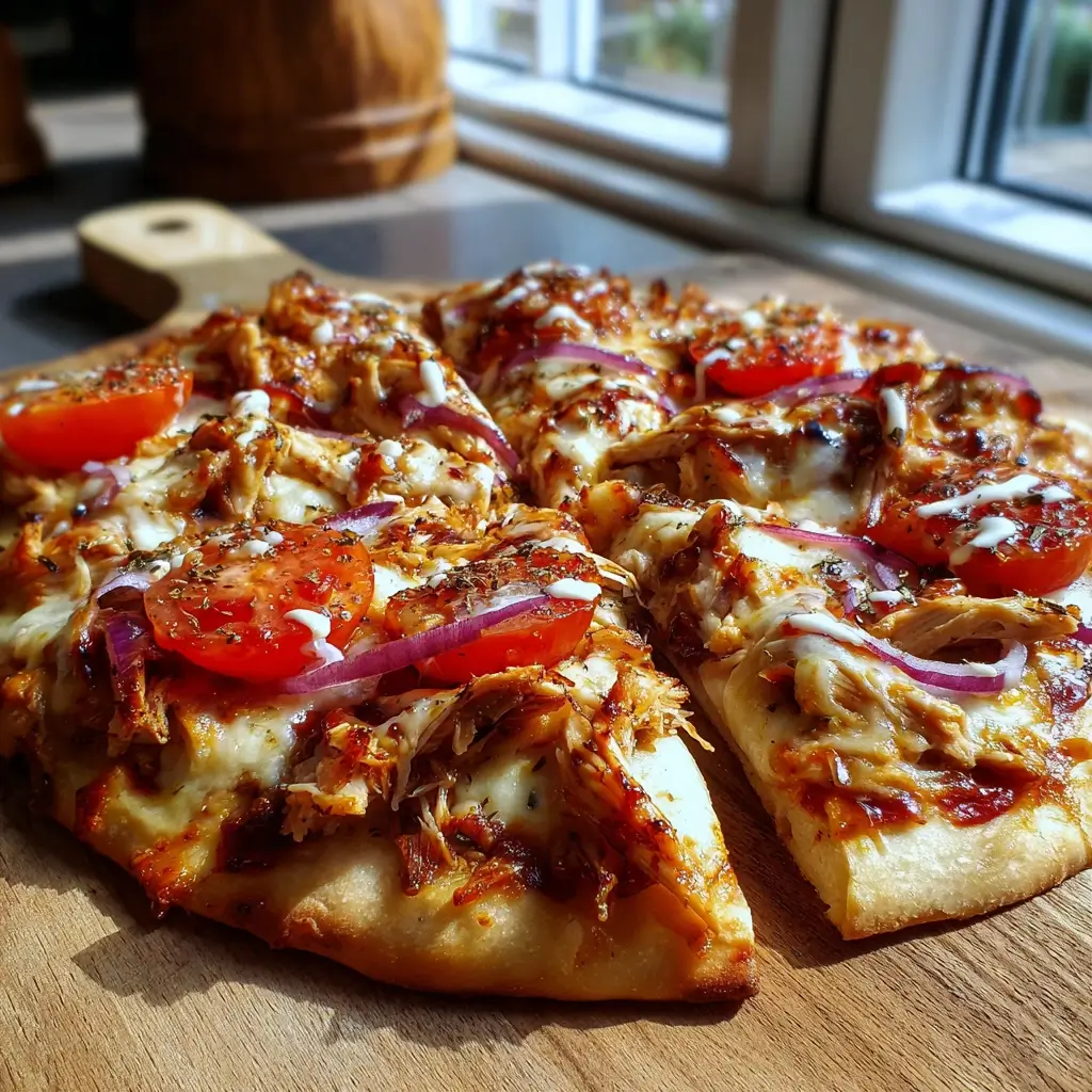 Frisch gebackene döner pizza auf einem rustikalen Holzbrett mit geschmolzenem Käse und Hähnchen-Dönerfleisch