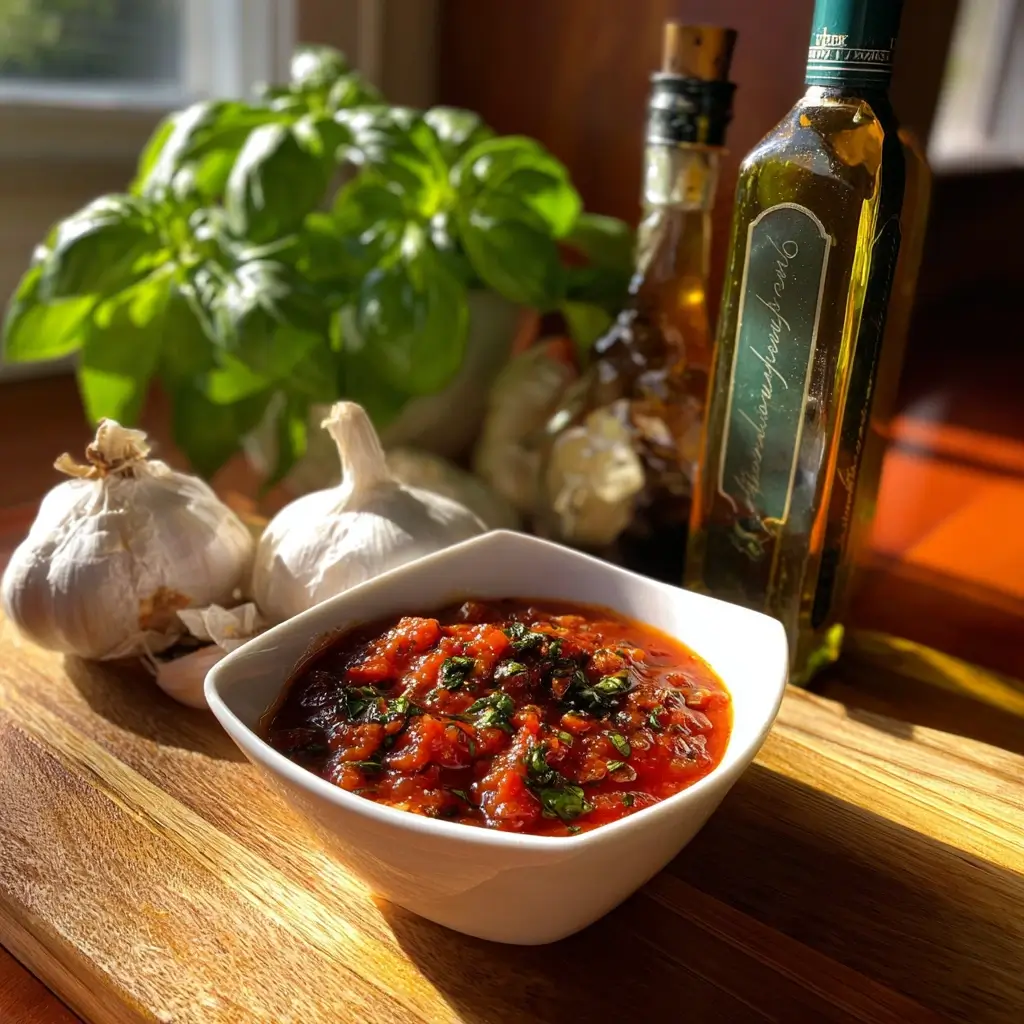 San Marzano Tomatensauce mit Basilikum und Knoblauch, zubereitet nach originalem pizza rezept.