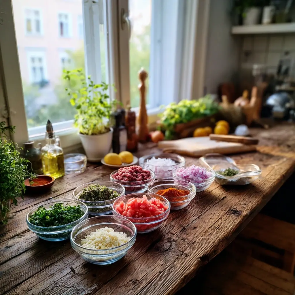 Zutaten für türkische pizza wie Hackfleisch, Tomaten, Zwiebeln, Petersilie, Paprika, Knoblauch und Mehl auf Holztisch arrangiert.
