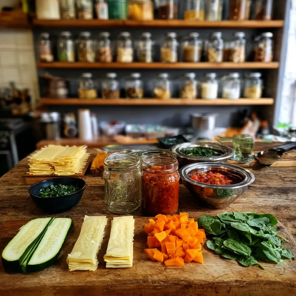 Frische Zutaten für ein lasagne vegetarisch rezept auf Holztisch angeordnet