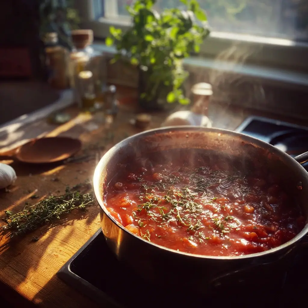 Aromatische Tomatensauce für pizza salami in einem Kochtopf mit frischen Kräutern.