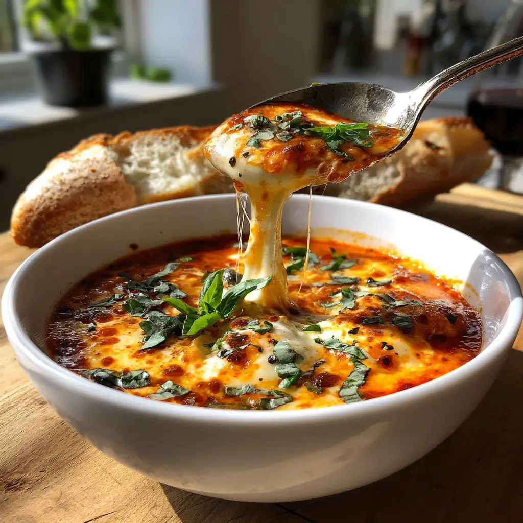Servierte pizza suppe in einer weißen Schüssel mit Basilikum und frischem Brot im Hintergrund