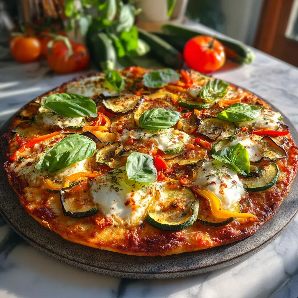 Bunter vegetarischer pizza belag mit Zucchini, Auberginen, Paprika und Basilikum