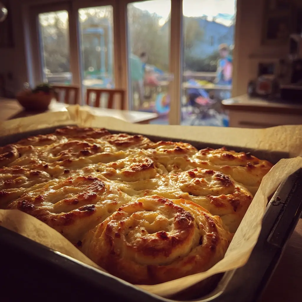 Goldbraune Pizza Schnecken frisch aus dem Ofen auf Backblech
