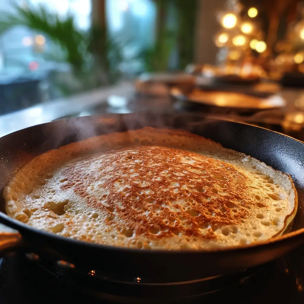 Fluffige Pfannkuchen Rezept beim Ausbacken mit sichtbaren Luftblasen in der Pfanne.