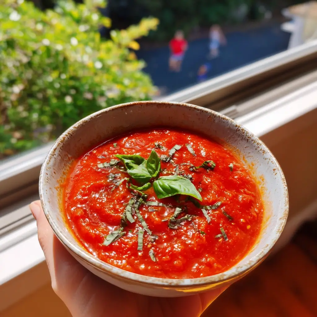 Frische Pizza Napoli Tomatensauce aus San-Marzano-Tomaten mit Basilikum.