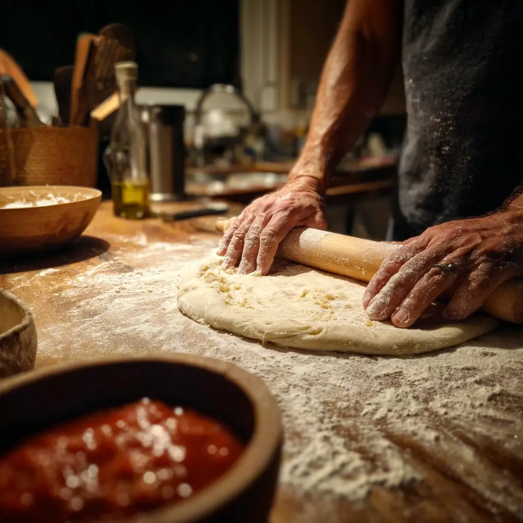 Hände rollen Pizzateig für thunfisch pizza auf bemehlter Arbeitsfläche aus